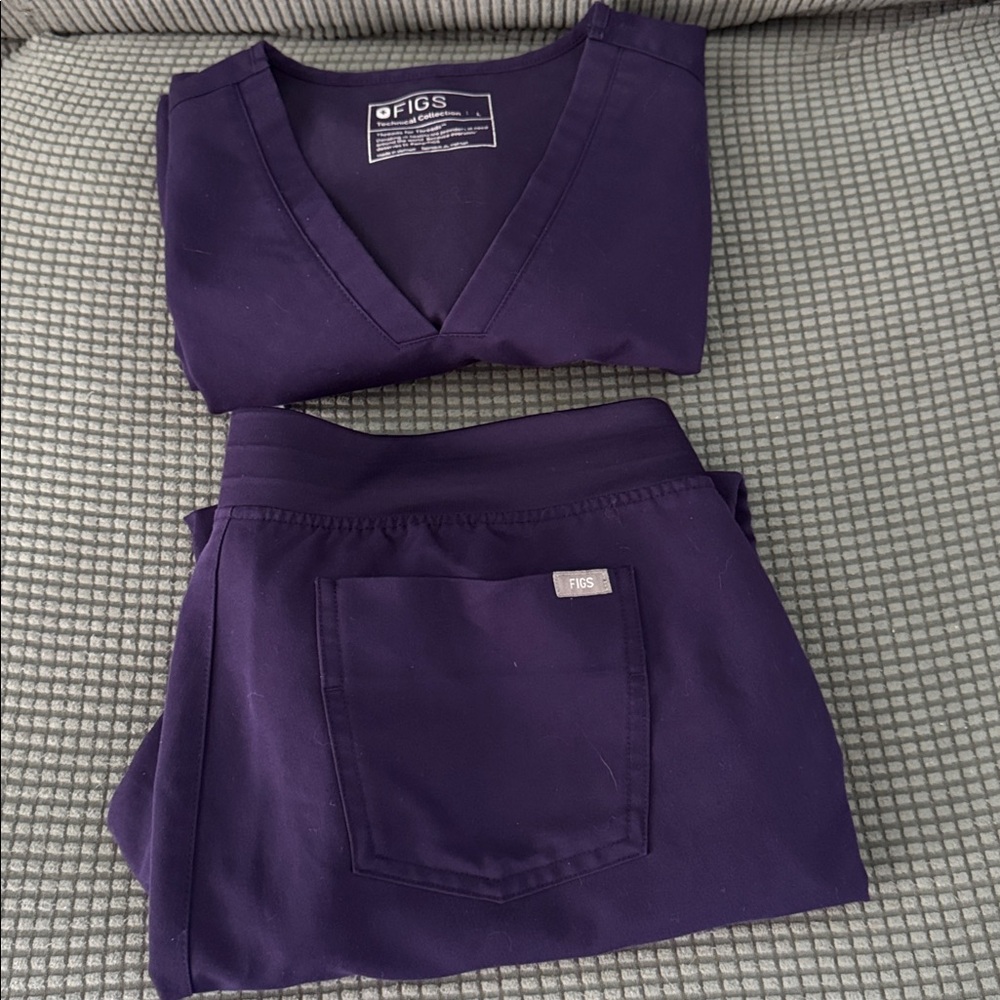 FIGS Women's V-Neck Scrub Top and Pants in Deep Purple